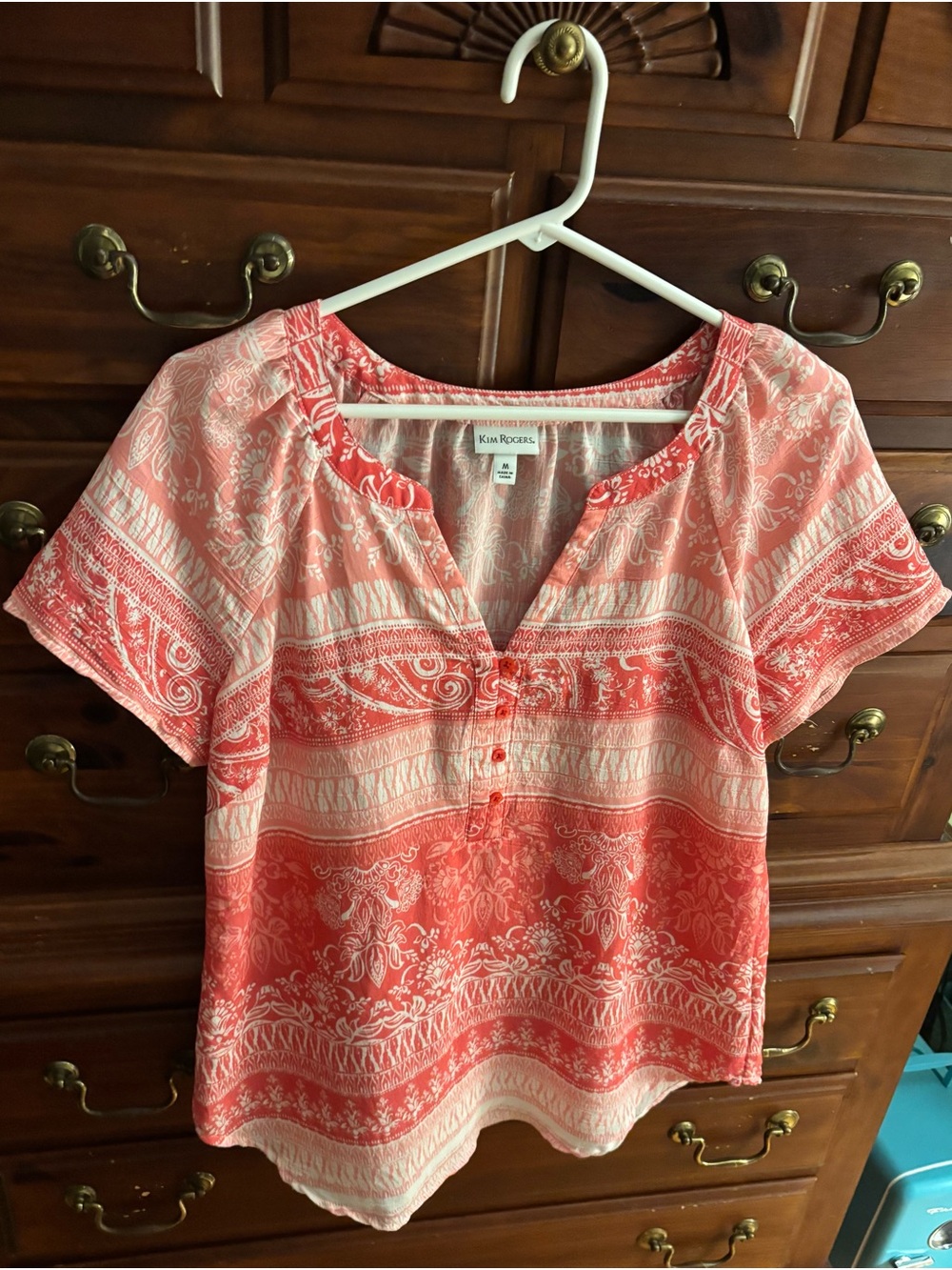 Kim Rogers Coral and White Patterned Short-Sleeve Peasant Top